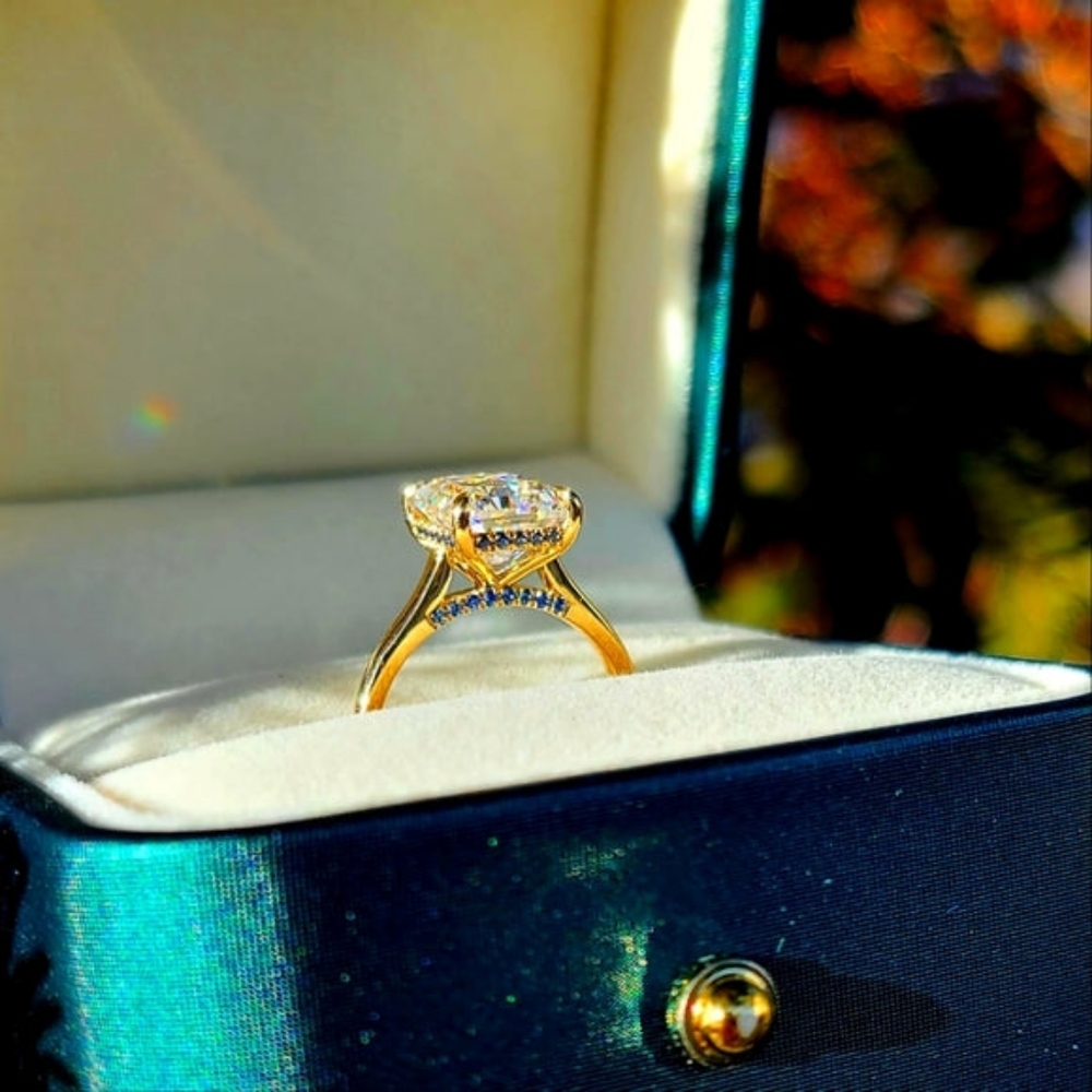 Solid 14k gold 4ct radiant moissanite ring with side blue sapphire